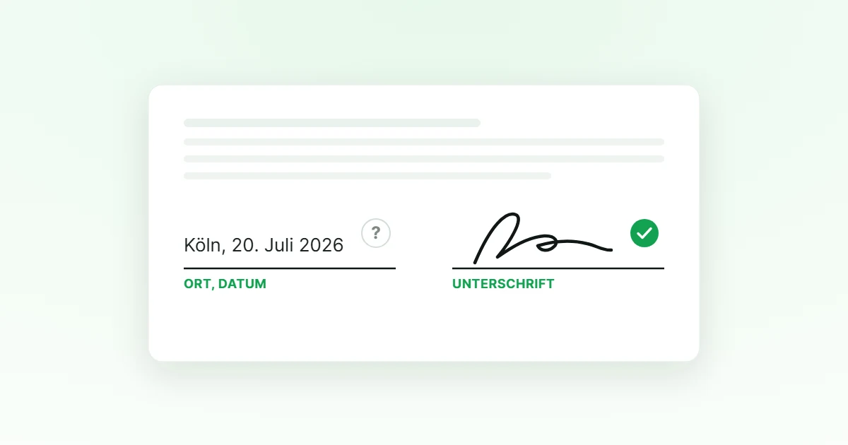 Unterschriftszeile eines Formulars mit Feldern für Ort, Datum und Unterschrift