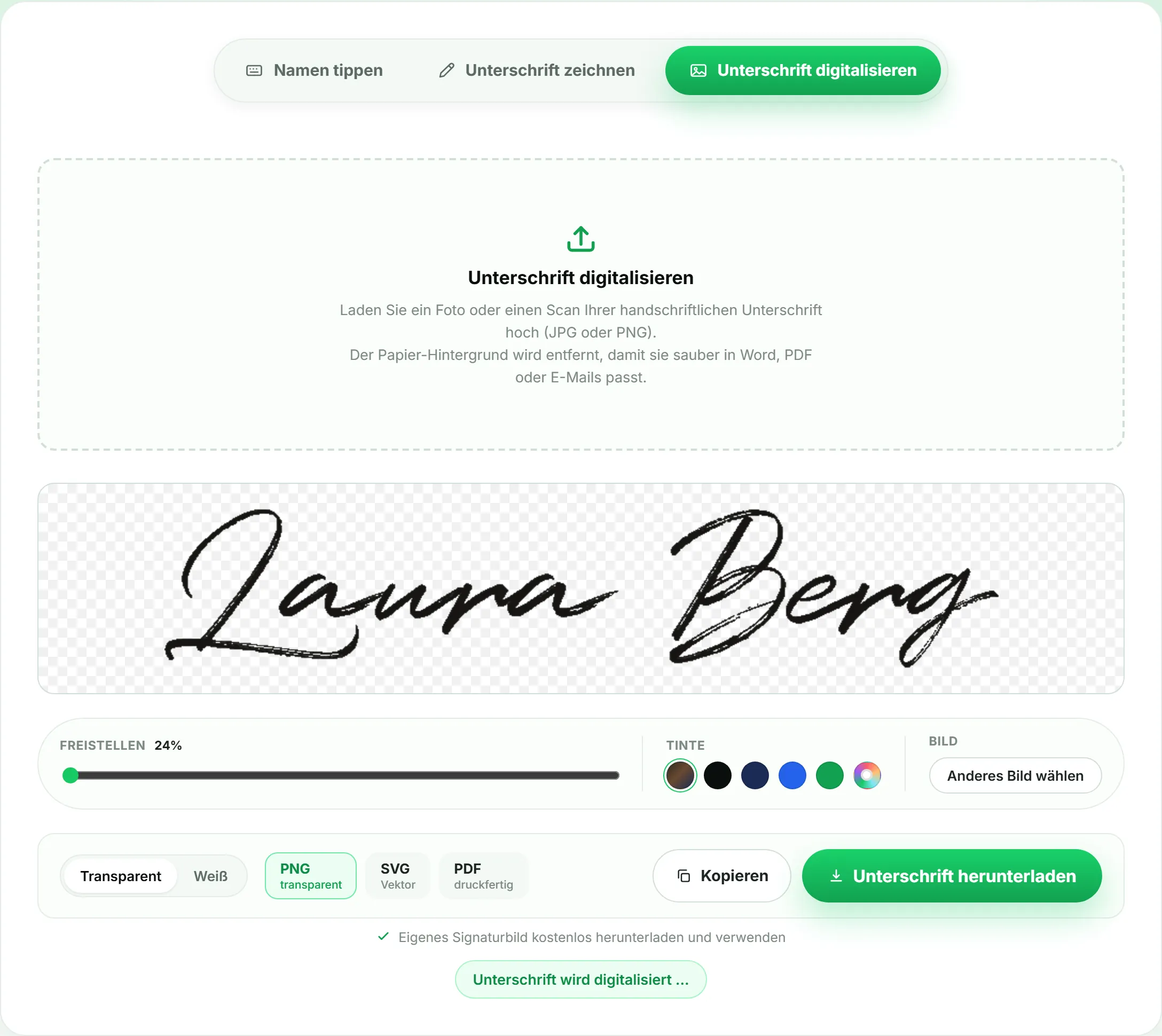 Screenshot des Unterschrift-Generators: Ein hochgeladenes Foto der Unterschrift „Laura Berg“ wird automatisch freigestellt und mit transparentem Hintergrund angezeigt, mit Regler zum Freistellen und Auswahl der Tintenfarbe.