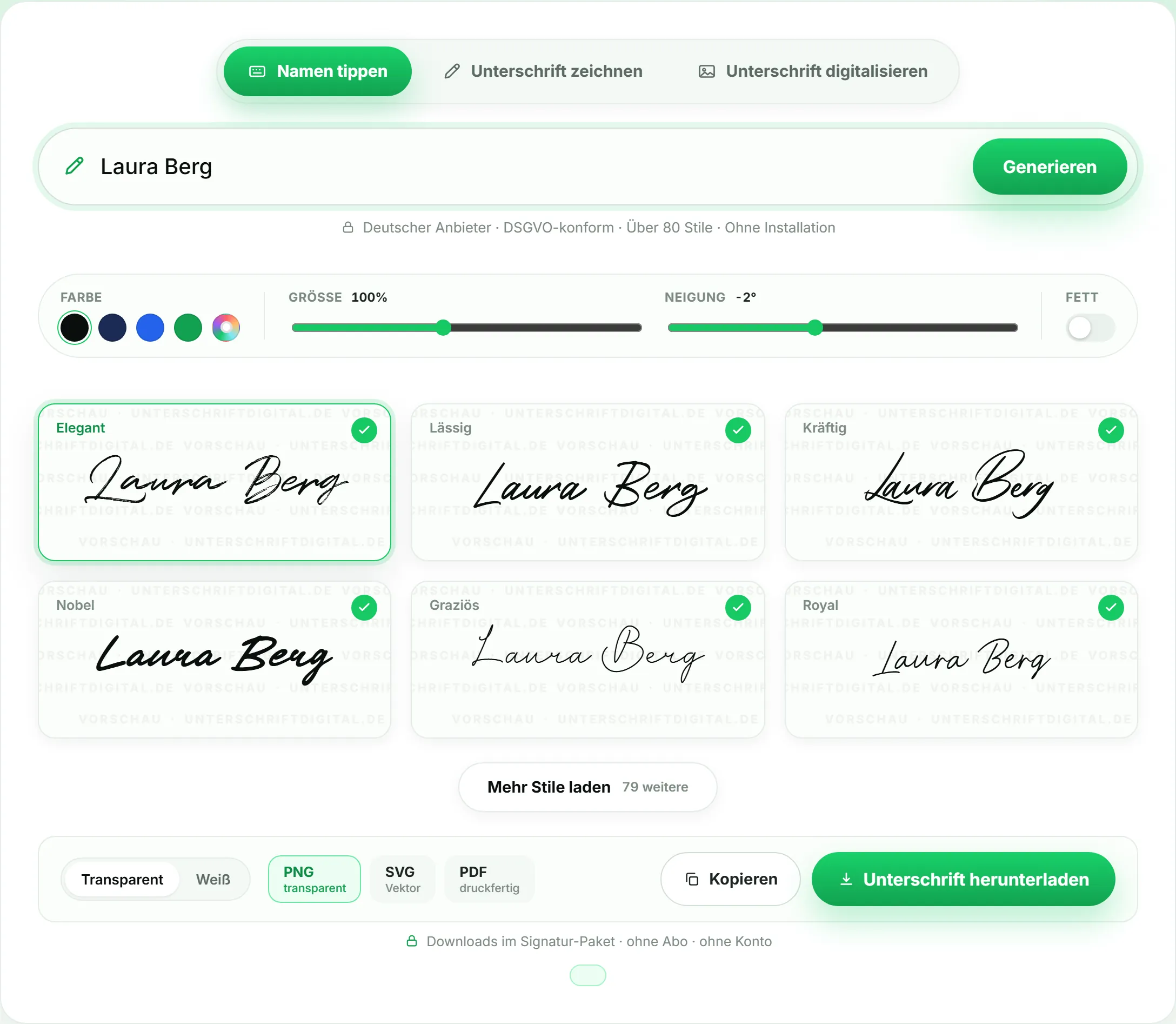Screenshot des Unterschrift-Generators: Der getippte Name „Laura Berg“ erscheint in sechs verschiedenen handschriftlichen Schriftstilen zur Auswahl, mit Reglern für Farbe, Größe und Neigung.