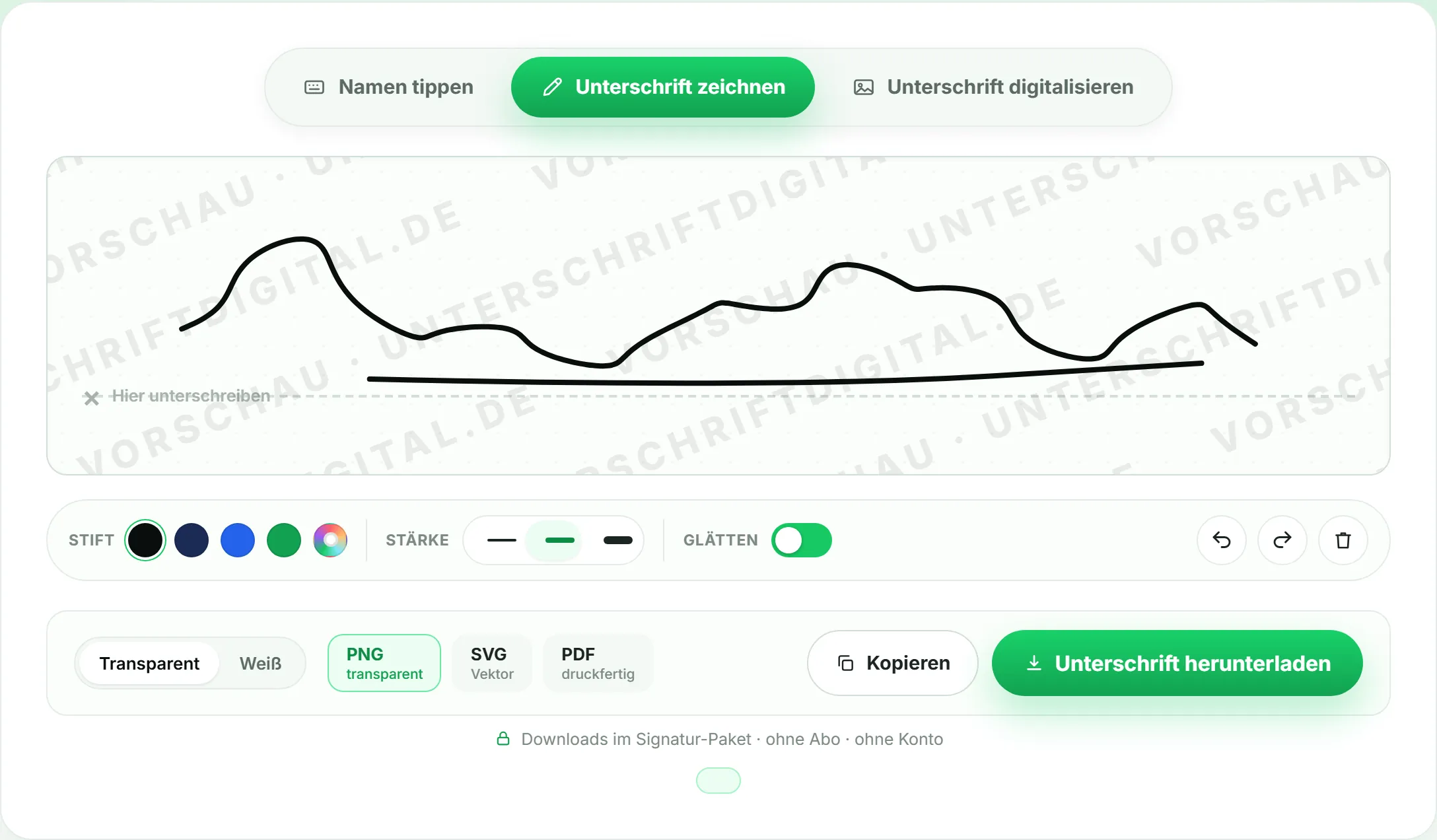 Screenshot des Unterschrift-Generators: Eine Unterschrift wird im Zeichenfeld mit der Maus gezeichnet; darunter Regler für Stiftfarbe, Strichstärke und eine Glätten-Funktion.